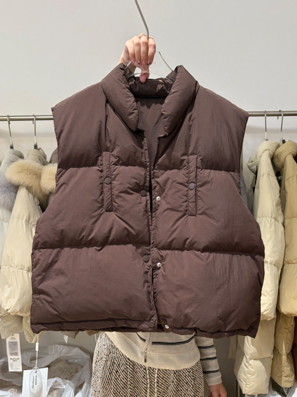 Ženska puffer vesta Dongdaemun, kratka zimska, plavo-bijeli karirani uzorak, udoban širok kroj, stojeći ovratnik