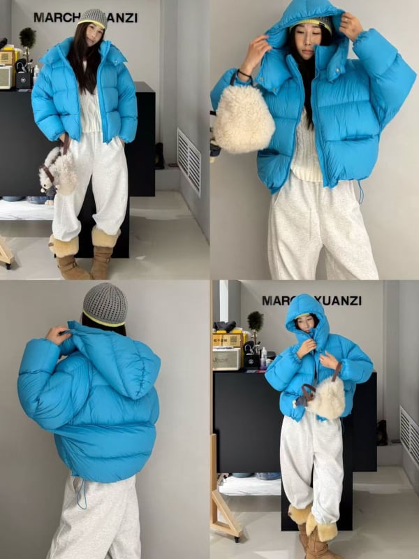 Női pehelyes mellény, koreai laza stílus, kapucnival, bő szabás, 96% kacsa tollal töltve, poliészter anyag