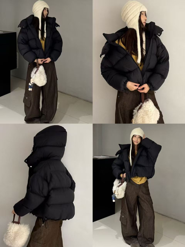 Női pehelyes mellény, koreai laza stílus, kapucnival, bő szabás, 96% kacsa tollal töltve, poliészter anyag