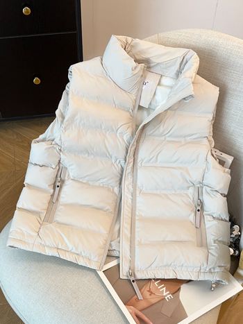 Ženski bezrukavni vest, korejskog stila, širok kroj, punilo od imitacije svile-pamuka, glavna tkanina viskozna, stojeći ovratnik, zatvarač