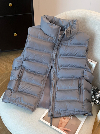 Ženski bezrukavni vest, korejskog stila, širok kroj, punilo od imitacije svile-pamuka, glavna tkanina viskozna, stojeći ovratnik, zatvarač