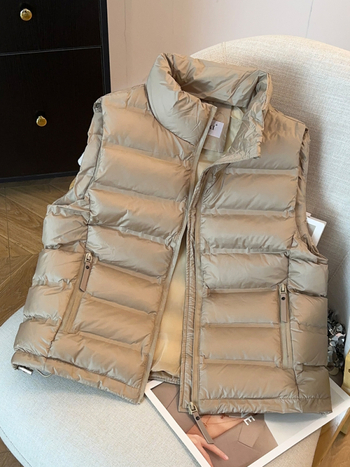 Ženski bezrukavni vest, korejskog stila, širok kroj, punilo od imitacije svile-pamuka, glavna tkanina viskozna, stojeći ovratnik, zatvarač