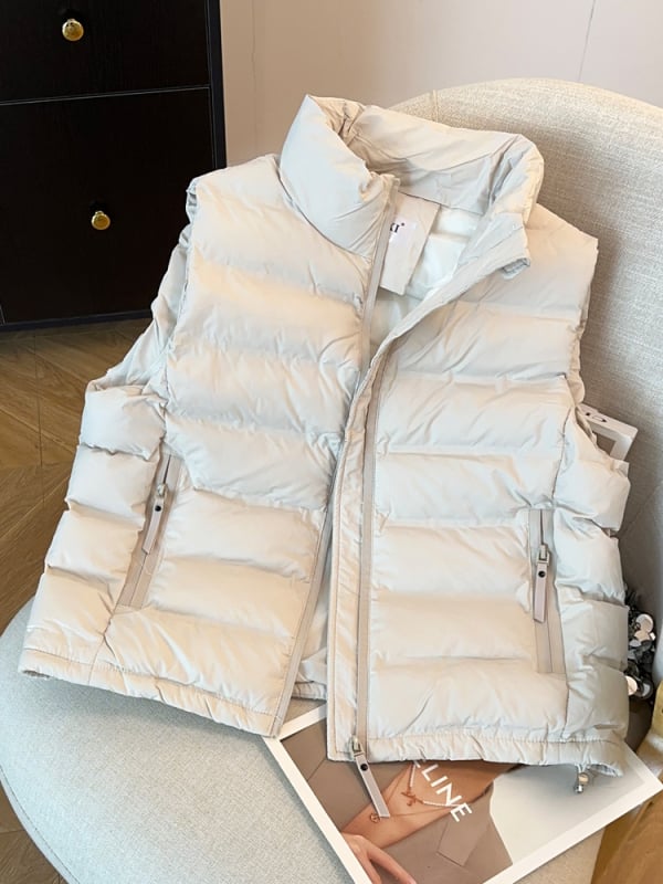 Ženski bezrukavni vest, korejskog stila, širok kroj, punilo od imitacije svile-pamuka, glavna tkanina viskozna, stojeći ovratnik, zatvarač