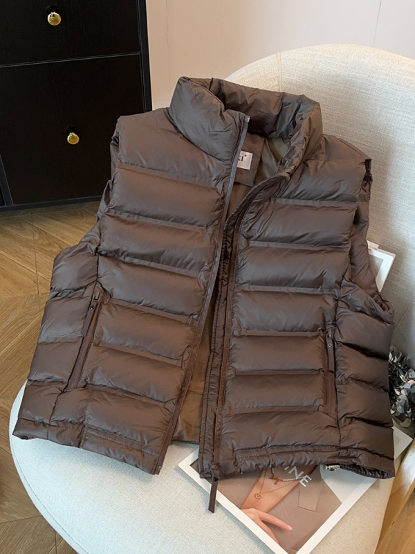 Ženski bezrukavni vest, korejskog stila, širok kroj, punilo od imitacije svile-pamuka, glavna tkanina viskozna, stojeći ovratnik, zatvarač