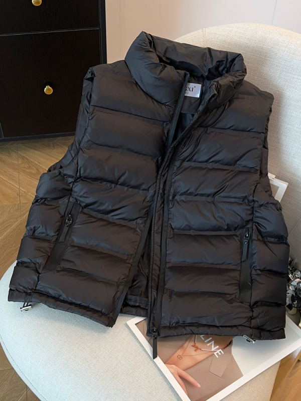 Ženski bezrukavni vest, korejskog stila, širok kroj, punilo od imitacije svile-pamuka, glavna tkanina viskozna, stojeći ovratnik, zatvarač