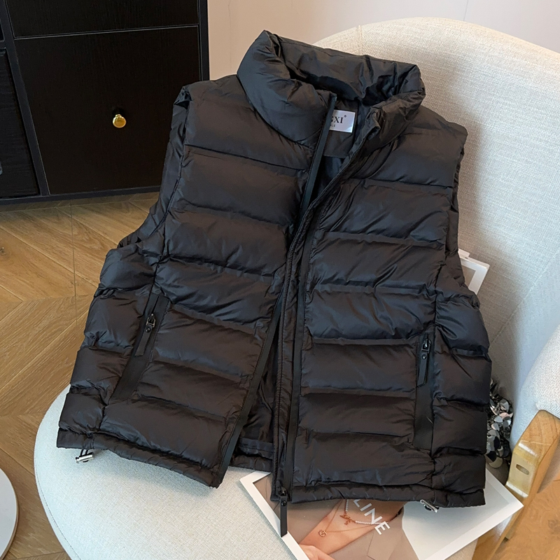 Ženski bezrukavni vest, korejskog stila, širok kroj, punilo od imitacije svile-pamuka, glavna tkanina viskozna, stojeći ovratnik, zatvarač