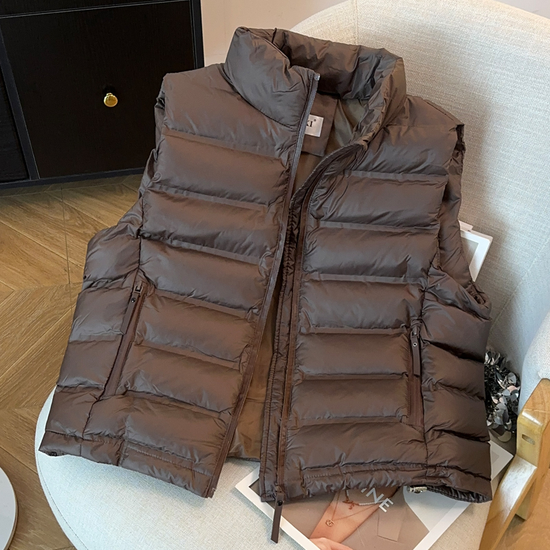 Ženski bezrukavni vest, korejskog stila, širok kroj, punilo od imitacije svile-pamuka, glavna tkanina viskozna, stojeći ovratnik, zatvarač