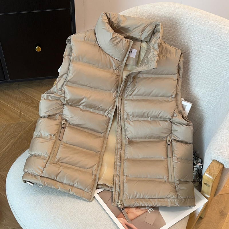 Ženski bezrukavni vest, korejskog stila, širok kroj, punilo od imitacije svile-pamuka, glavna tkanina viskozna, stojeći ovratnik, zatvarač