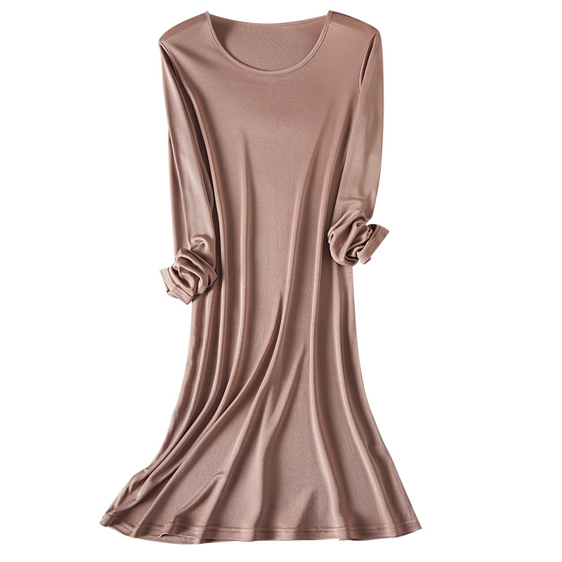 Νυχτερινό φόρεμα από Mulberry Silk, στρογγυλός λαιμός, μακριά μανίκια, φαρδιά γραμμή, μεσαίου μήκους, διαπνέουσα