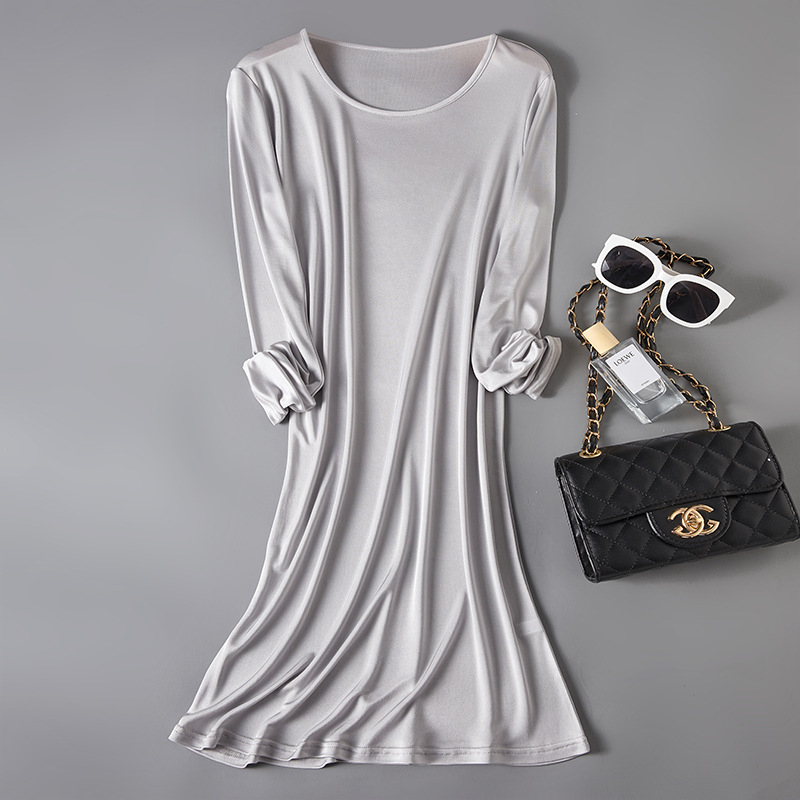 Νυχτερινό φόρεμα από Mulberry Silk, στρογγυλός λαιμός, μακριά μανίκια, φαρδιά γραμμή, μεσαίου μήκους, διαπνέουσα