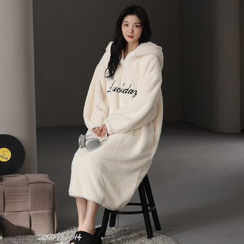 Γυναικείο νυχτικό με κουκούλα από φλις βελουτέ, μακρύ, εξαιρετικά παχύ, 100% πολυεστέρας, φθινόπωρο-χειμώνας