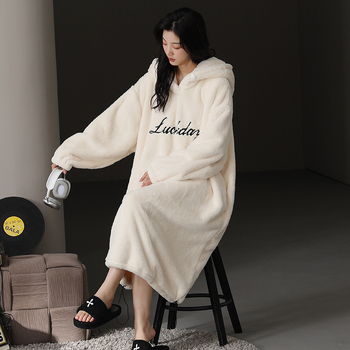 Γυναικείο νυχτικό με κουκούλα από φλις βελουτέ, μακρύ, εξαιρετικά παχύ, 100% πολυεστέρας, φθινόπωρο-χειμώνας