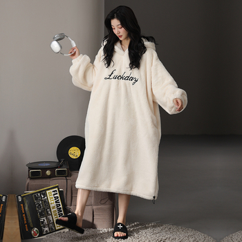 Γυναικείο νυχτικό με κουκούλα από φλις βελουτέ, μακρύ, εξαιρετικά παχύ, 100% πολυεστέρας, φθινόπωρο-χειμώνας