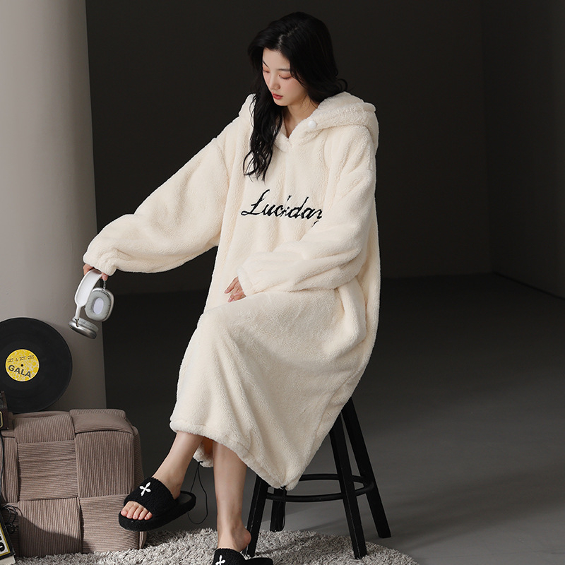 Γυναικείο νυχτικό με κουκούλα από φλις βελουτέ, μακρύ, εξαιρετικά παχύ, 100% πολυεστέρας, φθινόπωρο-χειμώνας