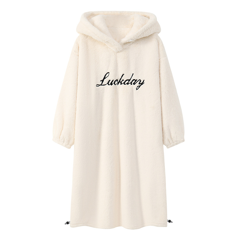 Γυναικείο νυχτικό με κουκούλα από φλις βελουτέ, μακρύ, εξαιρετικά παχύ, 100% πολυεστέρας, φθινόπωρο-χειμώνας