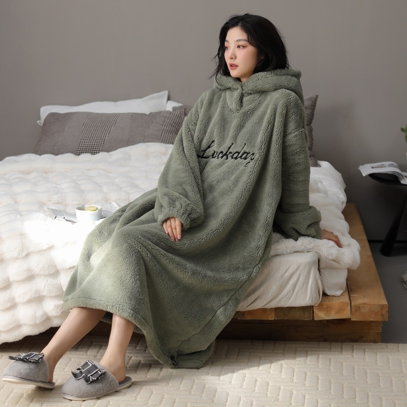 Γυναικείο νυχτικό με κουκούλα από φλις βελουτέ, μακρύ, εξαιρετικά παχύ, 100% πολυεστέρας, φθινόπωρο-χειμώνας