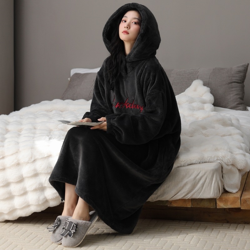 Γυναικείο νυχτικό με κουκούλα από φλις βελουτέ, μακρύ, εξαιρετικά παχύ, 100% πολυεστέρας, φθινόπωρο-χειμώνας