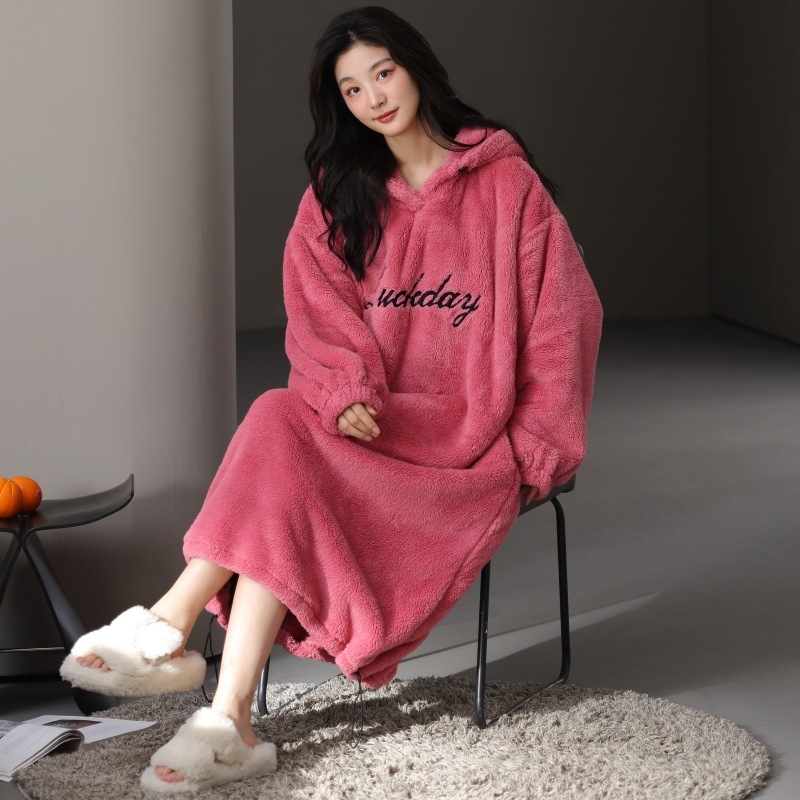 Γυναικείο νυχτικό με κουκούλα από φλις βελουτέ, μακρύ, εξαιρετικά παχύ, 100% πολυεστέρας, φθινόπωρο-χειμώνας