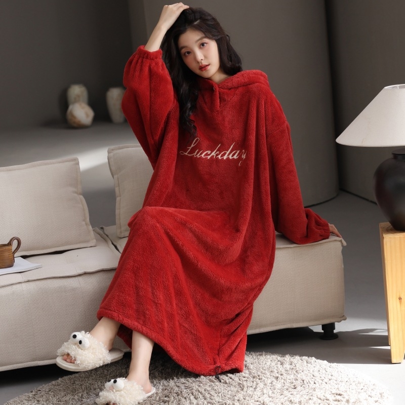 Γυναικείο νυχτικό με κουκούλα από φλις βελουτέ, μακρύ, εξαιρετικά παχύ, 100% πολυεστέρας, φθινόπωρο-χειμώνας