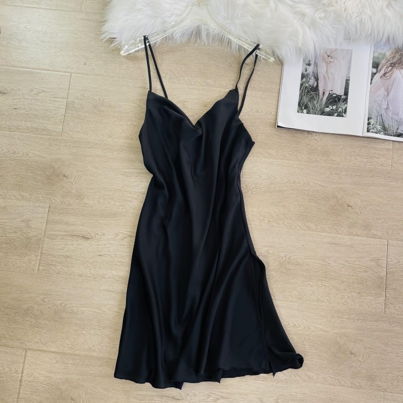 Νυχτερινό νυχτικό με V‑λαιμό, τιράντες, λεπτό πολυεστερικό ύφασμα, κορεατικό στυλ, σχίσιμο