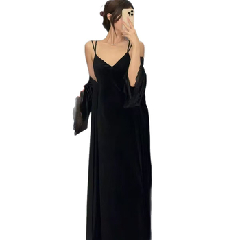 Noćna haljina od baršuna u francuskom stilu, bez rukava, V-izrez, dugačka