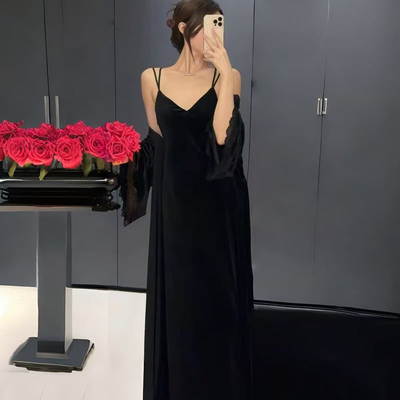 Noćna haljina od baršuna u francuskom stilu, bez rukava, V-izrez, dugačka