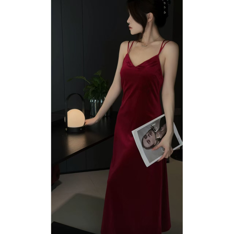 Noćna haljina od baršuna u francuskom stilu, bez rukava, V-izrez, dugačka
