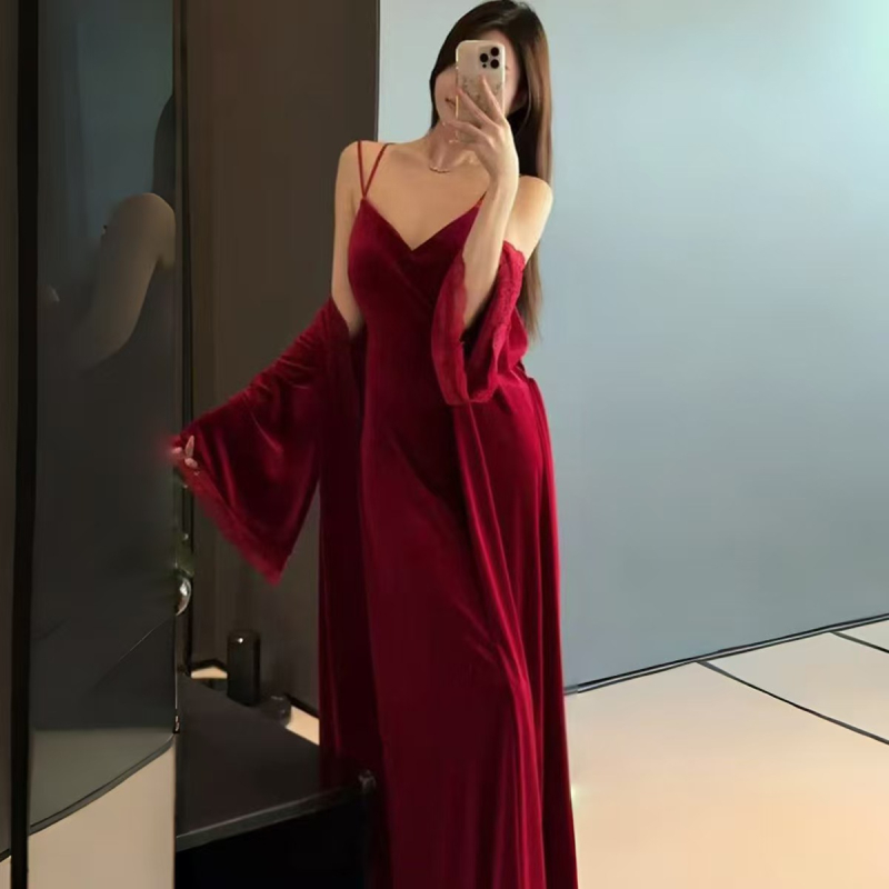 Noćna haljina od baršuna u francuskom stilu, bez rukava, V-izrez, dugačka