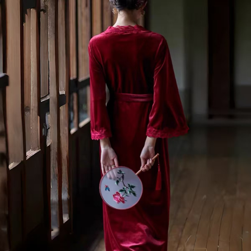 Noćna haljina od baršuna u francuskom stilu, bez rukava, V-izrez, dugačka