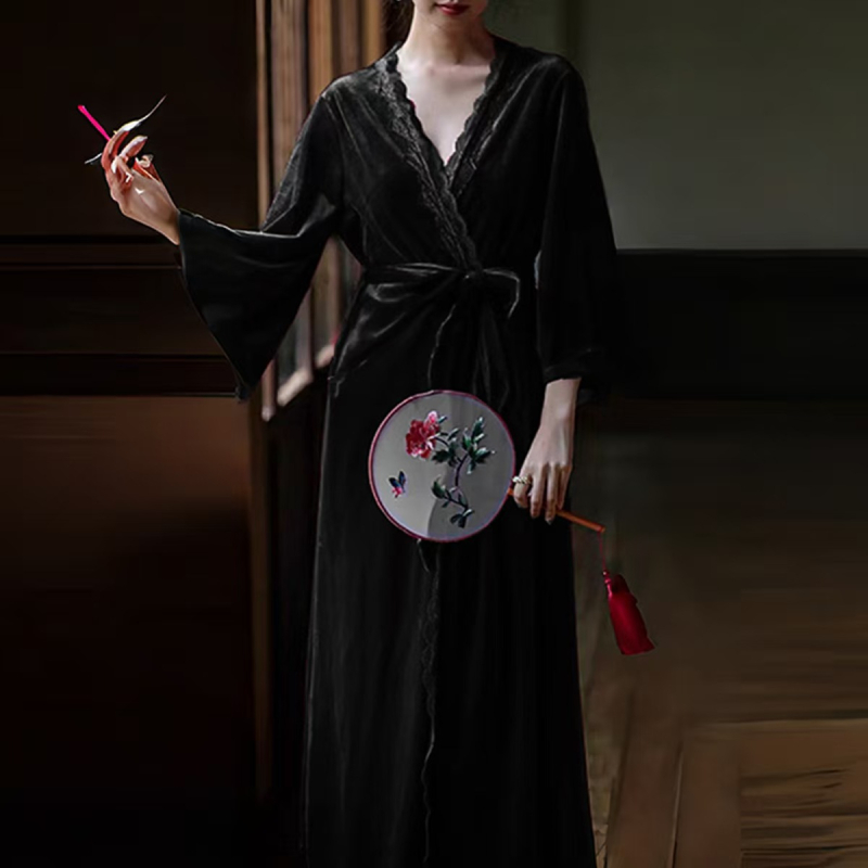 Noćna haljina od baršuna u francuskom stilu, bez rukava, V-izrez, dugačka