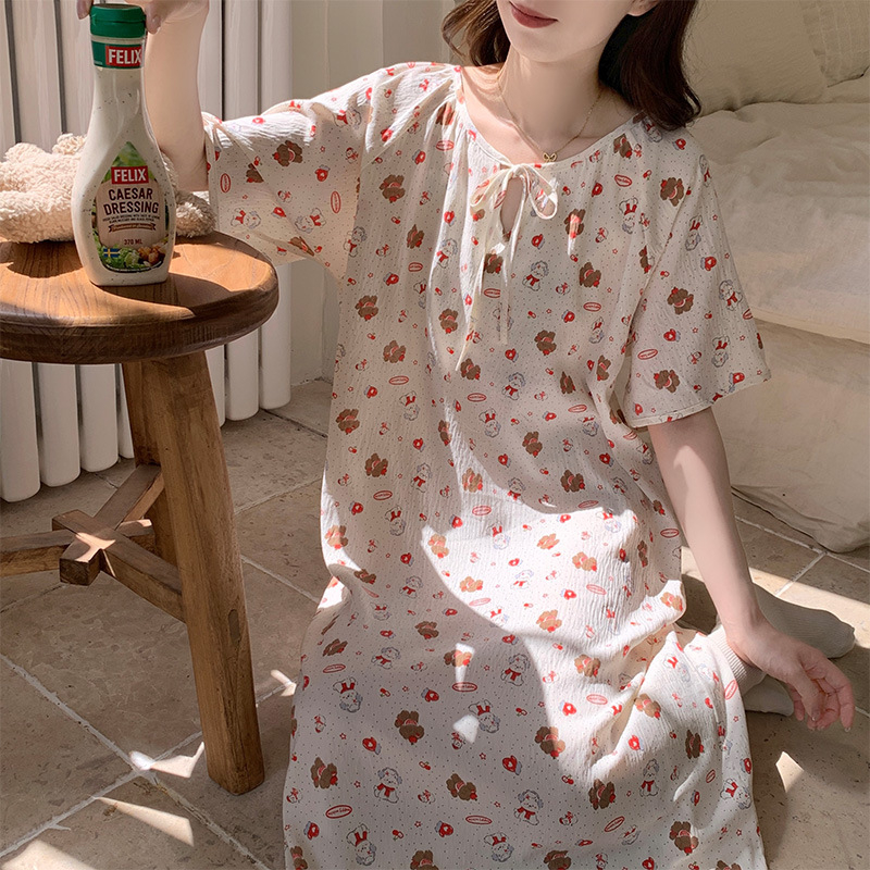 Νυχτικό από cloud cotton ύφασμα, μακριά φούστα, στρογγυλός λαιμός, γλυκό και χαριτωμένο στυλ, 90–95% πολυεστέρας