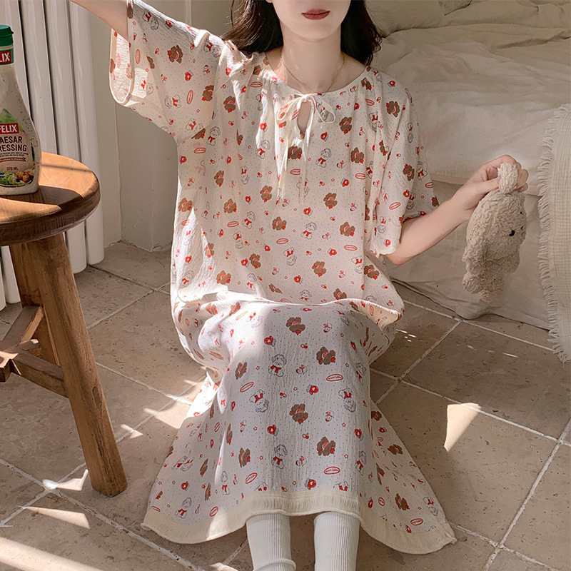 Νυχτικό από cloud cotton ύφασμα, μακριά φούστα, στρογγυλός λαιμός, γλυκό και χαριτωμένο στυλ, 90–95% πολυεστέρας