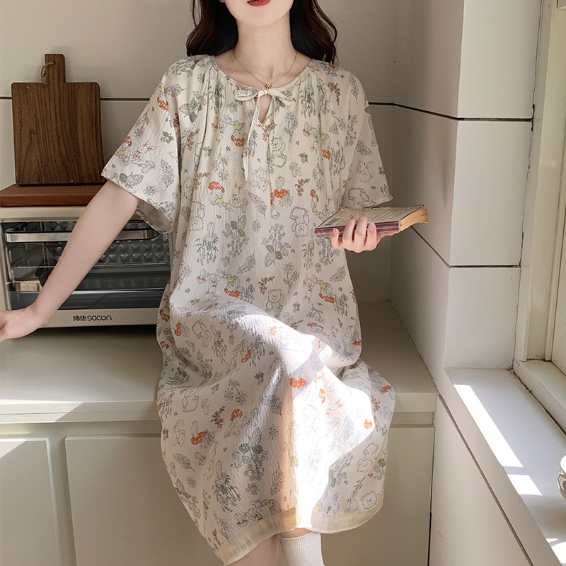 Νυχτικό από cloud cotton ύφασμα, μακριά φούστα, στρογγυλός λαιμός, γλυκό και χαριτωμένο στυλ, 90–95% πολυεστέρας