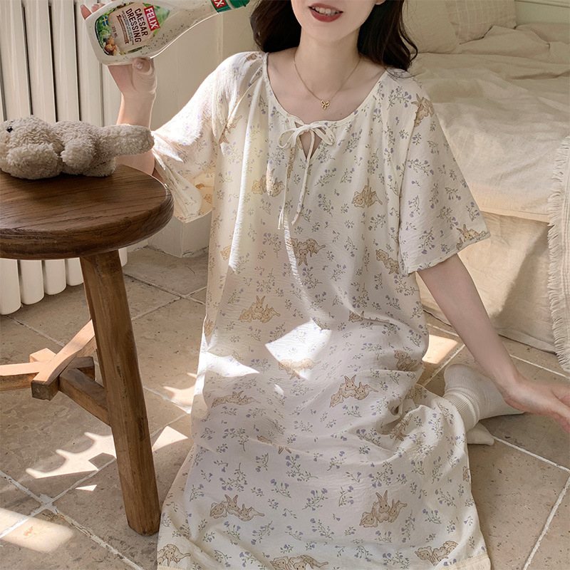 Νυχτικό από cloud cotton ύφασμα, μακριά φούστα, στρογγυλός λαιμός, γλυκό και χαριτωμένο στυλ, 90–95% πολυεστέρας