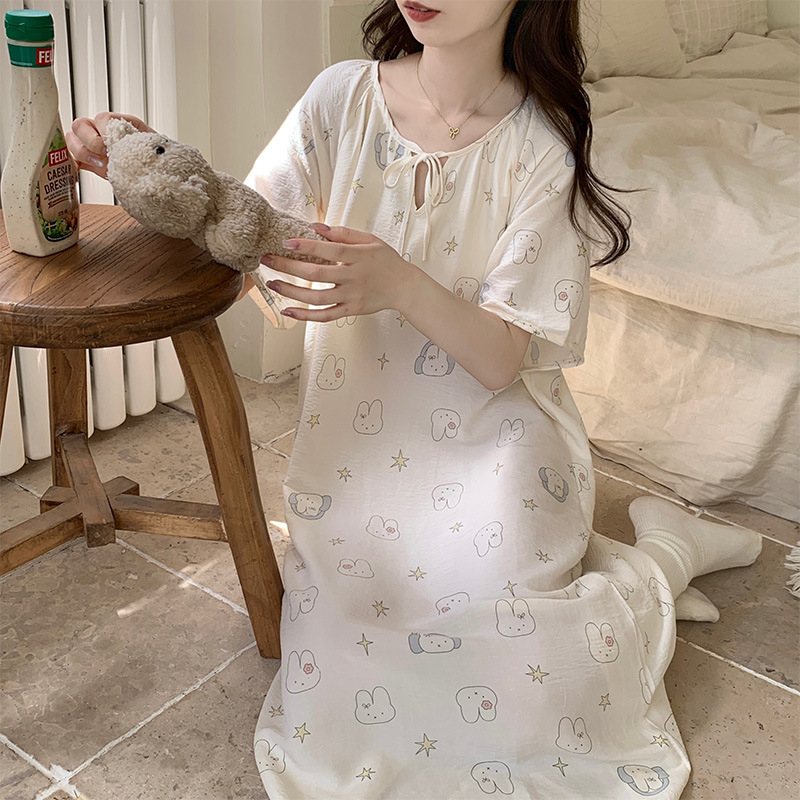 Νυχτικό από cloud cotton ύφασμα, μακριά φούστα, στρογγυλός λαιμός, γλυκό και χαριτωμένο στυλ, 90–95% πολυεστέρας