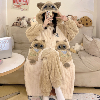 Γυναικείο σετ ρόμπας από Coral Fleece, χοντρό βελουτέ φλίς, μακριά μανίκια, χωρίς γιακά, μεσαίου μήκους, οικιακή ενδυμασία φθινοπωρινή-χειμερινή