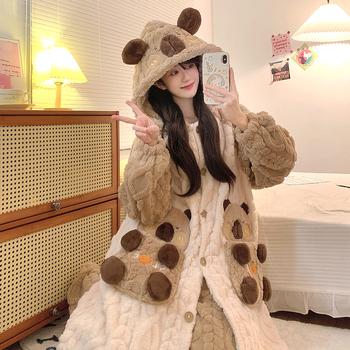 Γυναικείο σετ ρόμπας από Coral Fleece, χοντρό βελουτέ φλίς, μακριά μανίκια, χωρίς γιακά, μεσαίου μήκους, οικιακή ενδυμασία φθινοπωρινή-χειμερινή