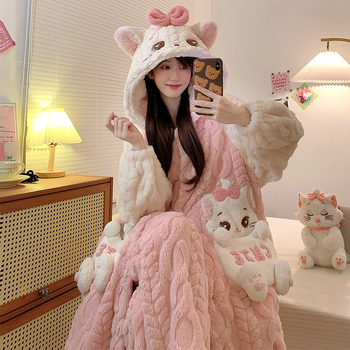 Γυναικείο σετ ρόμπας από Coral Fleece, χοντρό βελουτέ φλίς, μακριά μανίκια, χωρίς γιακά, μεσαίου μήκους, οικιακή ενδυμασία φθινοπωρινή-χειμερινή