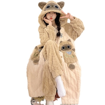 Γυναικείο σετ ρόμπας από Coral Fleece, χοντρό βελουτέ φλίς, μακριά μανίκια, χωρίς γιακά, μεσαίου μήκους, οικιακή ενδυμασία φθινοπωρινή-χειμερινή