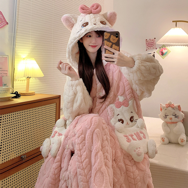 Γυναικείο σετ ρόμπας από Coral Fleece, χοντρό βελουτέ φλίς, μακριά μανίκια, χωρίς γιακά, μεσαίου μήκους, οικιακή ενδυμασία φθινοπωρινή-χειμερινή