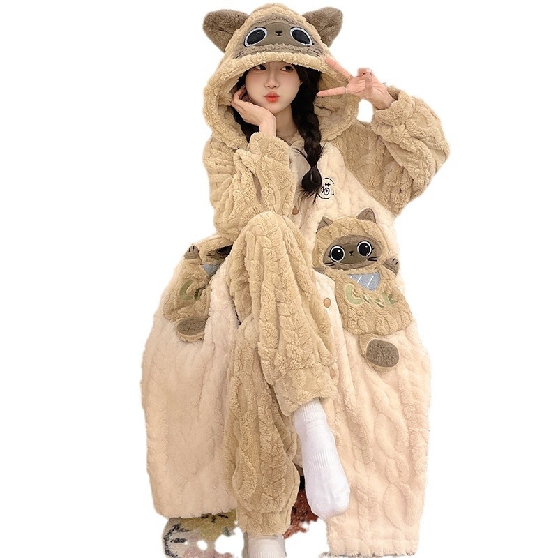 Γυναικείο σετ ρόμπας από Coral Fleece, χοντρό βελουτέ φλίς, μακριά μανίκια, χωρίς γιακά, μεσαίου μήκους, οικιακή ενδυμασία φθινοπωρινή-χειμερινή