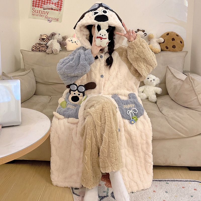 Γυναικείο σετ ρόμπας από Coral Fleece, χοντρό βελουτέ φλίς, μακριά μανίκια, χωρίς γιακά, μεσαίου μήκους, οικιακή ενδυμασία φθινοπωρινή-χειμερινή