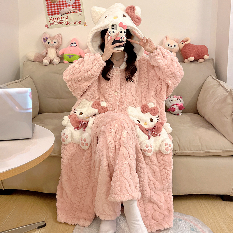 Γυναικείο σετ ρόμπας από Coral Fleece, χοντρό βελουτέ φλίς, μακριά μανίκια, χωρίς γιακά, μεσαίου μήκους, οικιακή ενδυμασία φθινοπωρινή-χειμερινή