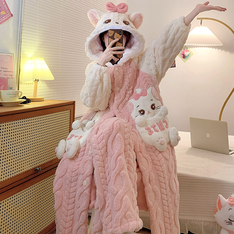 Γυναικείο σετ ρόμπας από Coral Fleece, χοντρό βελουτέ φλίς, μακριά μανίκια, χωρίς γιακά, μεσαίου μήκους, οικιακή ενδυμασία φθινοπωρινή-χειμερινή