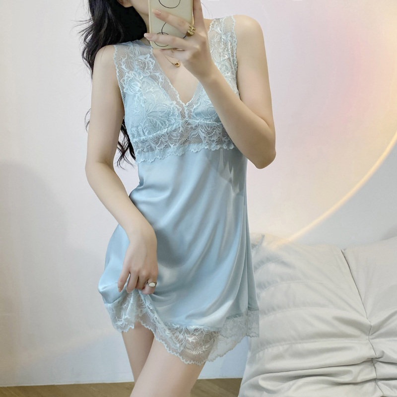 Γυναικείες αισθησιακές πιτζάμες Ice Silk — Sling/Mori στυλ, Πολυεστέρας, Πολύ λεπτό ύφασμα 81–100 g/m2, V-λαιμός