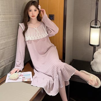 Rochie de noapte pentru femei, în stil prințesă, cu mâneci lungi, lungime medie, material din bumbac 6535, guler pătrat, pentru acasă, iarnă, primăvară și toamnă.