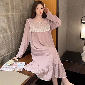 Rochie de noapte pentru femei, în stil prințesă, cu mâneci lungi, lungime medie, material din bumbac 6535, guler pătrat, pentru acasă, iarnă, primăvară și toamnă.