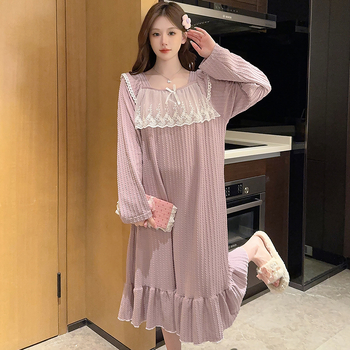 Rochie de noapte pentru femei, în stil prințesă, cu mâneci lungi, lungime medie, material din bumbac 6535, guler pătrat, pentru acasă, iarnă, primăvară și toamnă.