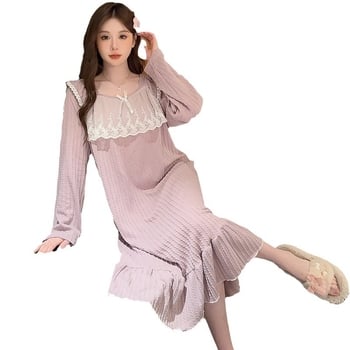 Rochie de noapte pentru femei, în stil prințesă, cu mâneci lungi, lungime medie, material din bumbac 6535, guler pătrat, pentru acasă, iarnă, primăvară și toamnă.