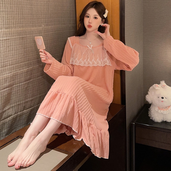 Rochie de noapte pentru femei, în stil prințesă, cu mâneci lungi, lungime medie, material din bumbac 6535, guler pătrat, pentru acasă, iarnă, primăvară și toamnă.